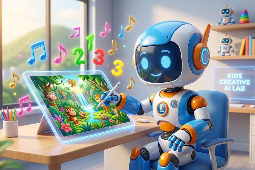 Friendly 3D robot painting a cartoon jungle on a tablet with musical notes and numbers floating in a vibrant digital workspace. AI tools for kids YouTube