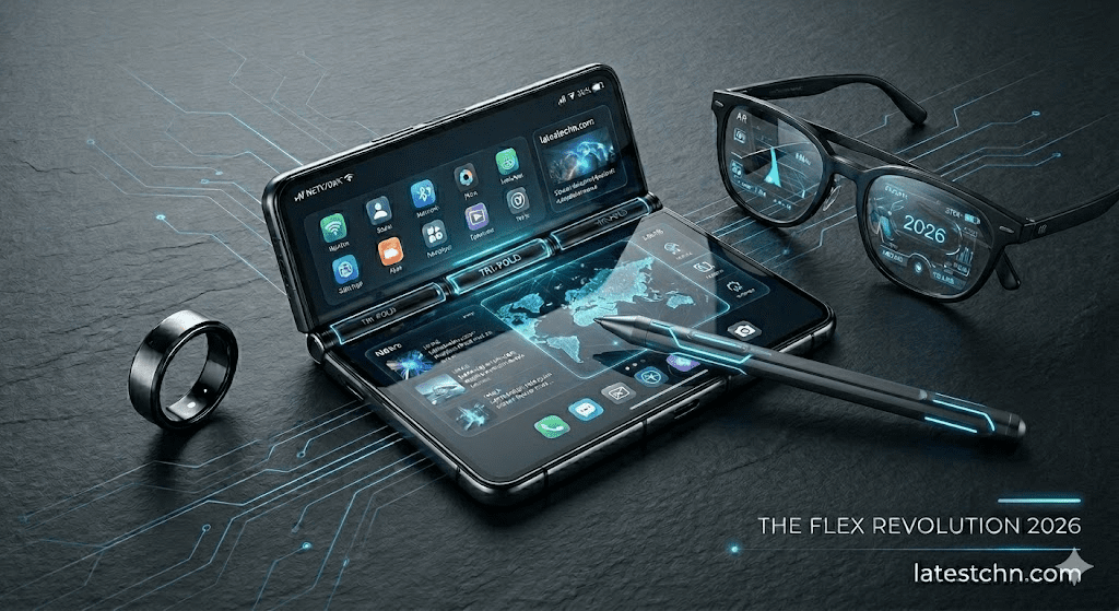 A flat-lay photo of a tri-fold smartphone, a smart AI ring, and augmented reality glasses on a dark technical background