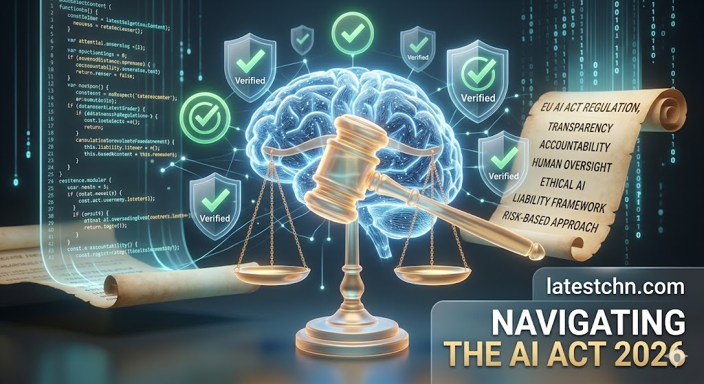 Conceptual 3D illustration of a digital brain and justice scales representing NAVIGATING THE AI ACT 2026 for latestchn.com