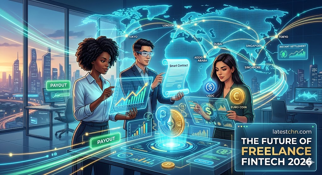 Visualizing the convergence of AI, Blockchain, and the Freelance Economy in 2026.
