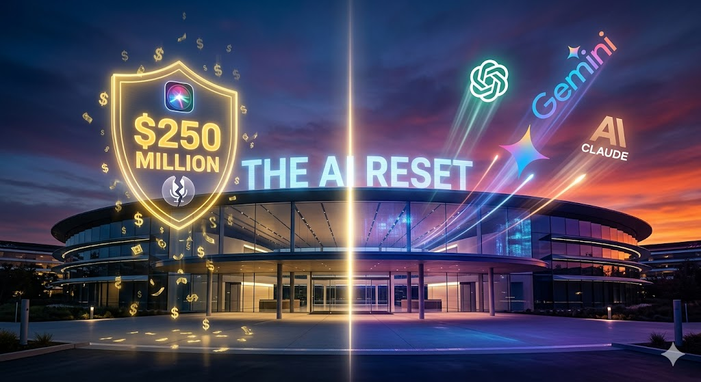 Apple Park dusk view showing $250 Million Siri Settlement and competing AI logos