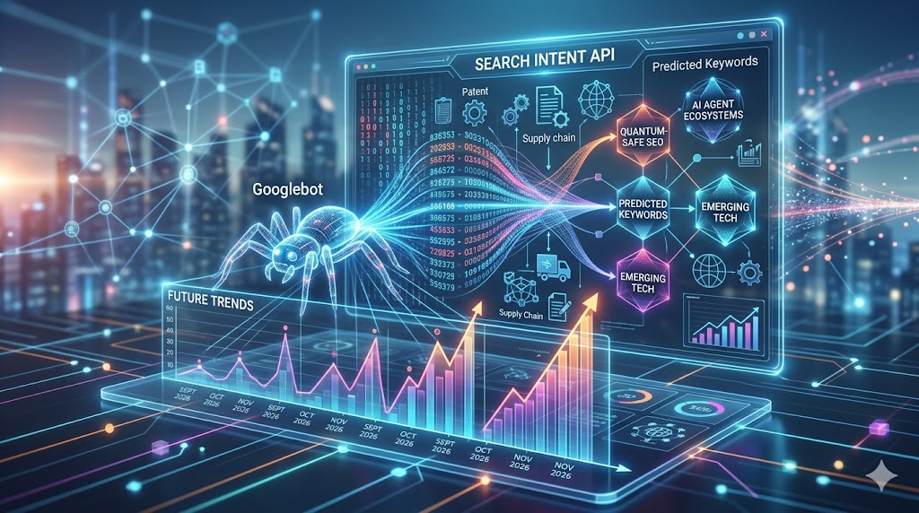 A futuristic digital interface visualizing "Predictive Indexing" with a glowing holographic Googlebot spider navigating a "Future Trends" graph toward a "Search Intent API" dashboard.