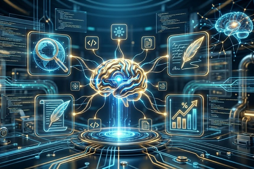 Conceptual 3D illustration of Agentic AI showing a central neural core orchestrating multiple autonomous AI agents for research, writing, and SEO optimization.