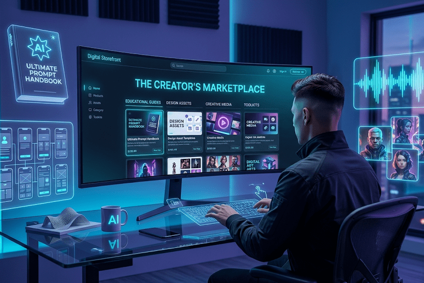 A futuristic home office featuring a creator sitting at a curved monitor displaying a 'Digital Storefront' marketplace. Translucent 3D icons for an 'Ultimate Prompt Handbook' eBook, UI/UX templates, audio waveforms, and AI character portraits float in the air. The room is styled with neon cyan and deep indigo lighting with a city skyline visible through the window.