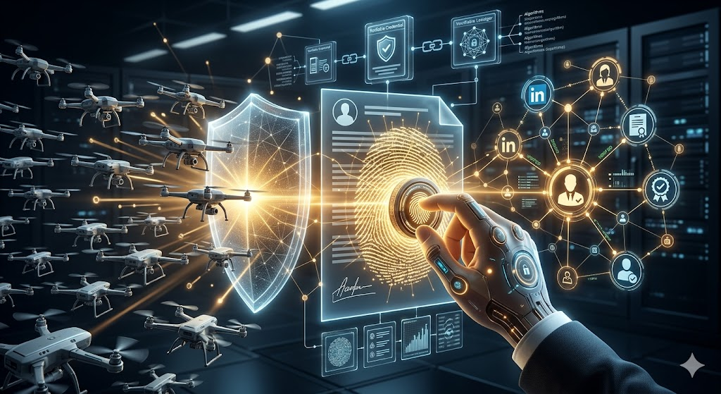Infographic-style 3D render of Human-Attested Metadata verification, featuring a cryptographic signature, verifiable credentials, and a decentralized trust graph to prevent AI content spam.