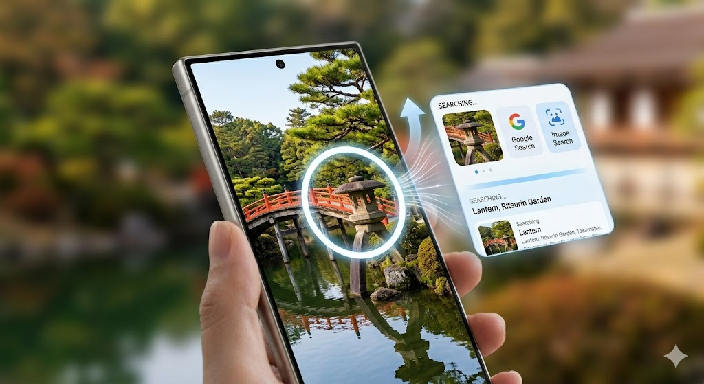 close-up shot of the smartphone screen featuring the Circle to Search animation. I have incorporated the blue-silver design language from the evolution timeline and the high-tech AI vibe from the split-screen history, set over a digital art-style travel photo with a soft bokeh background