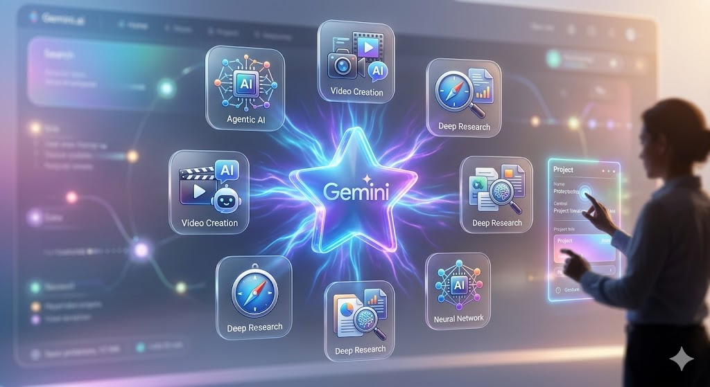 A professional 3D visual of the 2026 Google Gemini AI interface, featuring the star logo, agentic AI icons, and futuristic workspace elements for productivity and deep research.
Visual guide of the top 10 Gemini.ai features in 2026 including Agentic AI, Video Creation, and Deep Research icons.