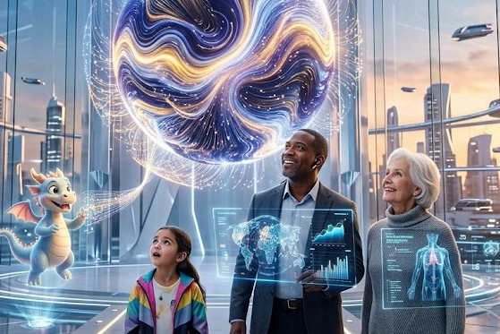 A multi-generational group including a child, professional, and senior citizen interacting with a glowing Agentic AI Core and futuristic holograms in a 2026 smart city