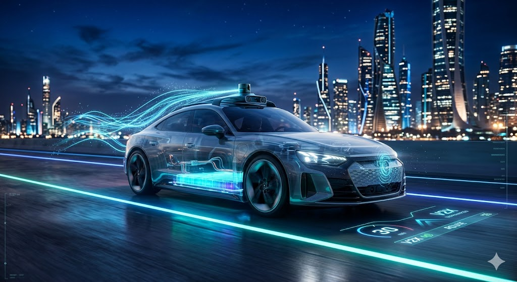 Futuristic electric car with AI sensors and solid-state battery technology 2026.