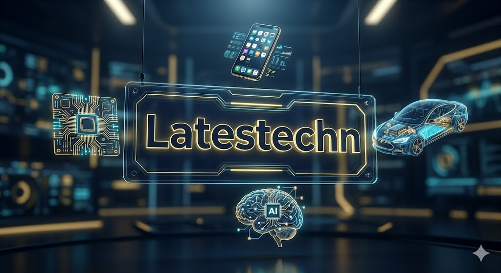Latestechn logo on a glowing glass plate surrounded by digital icons for AI, electric cars, circuit boards, and smartphones representing modern technology trends.