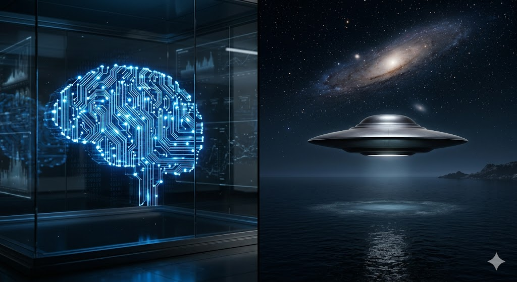 This image is a cinematic split-screen composition contrasting technology and mystery. The left panel shows a highly detailed, glowing blue schematic of a human brain made from electronic circuitry and data points, encased within a glass display in a dark, clean technology lab. The panel on the right features a man in dark, field gear, seen in a dark, starry night over a calm ocean with a large spiral galaxy in the sky. He holds a radio transceiver and is looking up at a detailed, metallic flying saucer-shaped UFO hovering directly above him. He wears a specialized 'UFO SPEC' patch. The image has a mysterious and technological atmosphere.