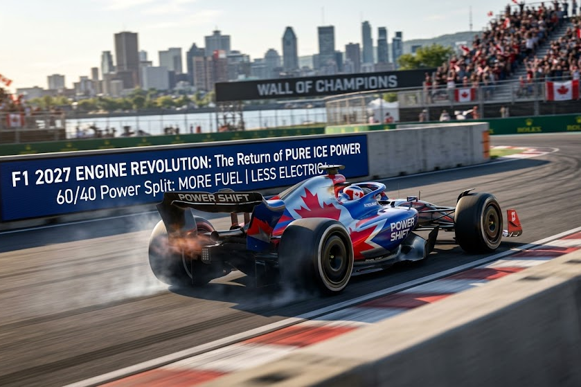 Formula 1 car with Canadian flag livery racing at Circuit Gilles Villeneuve for the 2027 engine design change.