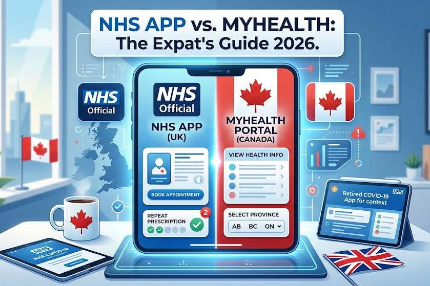 Comparison infographic between the UK NHS App and Canadian MyHealth portal displayed on a smartphone screen, featuring health record and appointment booking interfaces for 2026.