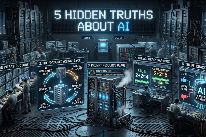 Infographic showing 5 hidden truths of AI: human data labeling, model collapse cycles, high energy/water usage, hallucination paradox, and the feedback economy.