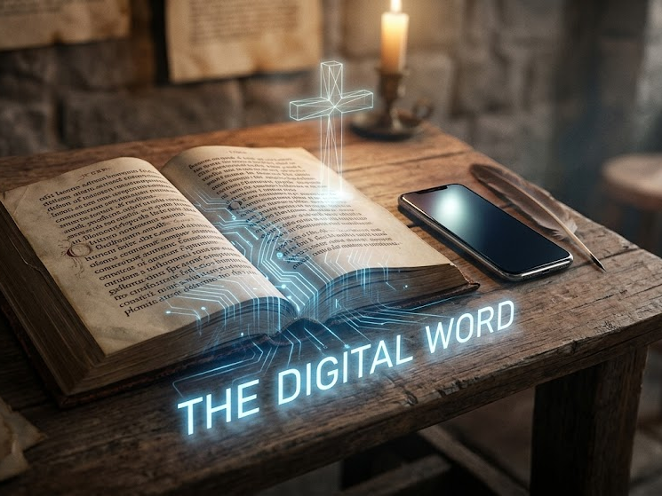 An open Bible on a clean wooden desk with a glowing blue circuit board pattern softly overlaid on its pages.