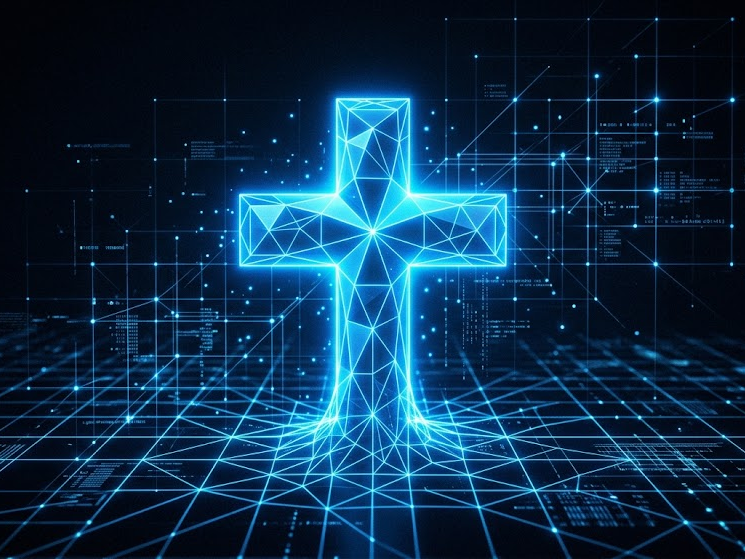A glowing blue "low-poly" or neon cross merging with a digital grid on a dark background.
