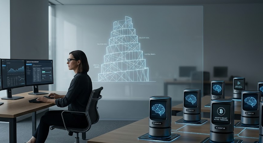 A modern, minimalist office interior featuring a single female human professional sitting at a desk with three monitors displaying data analytics. On adjacent desks, multiple sleek, cylindrical AI agent devices are active, displaying glowing brain icons and digital wallet status indicators. A transparent glass partition in the background features a holographic blueprint of a "Digital Babel" structure, symbolizing the intersection of human oversight and autonomous AI workforce technology.