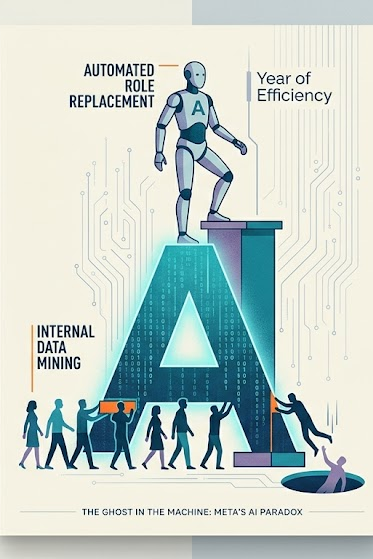 A conceptual illustration showing human workers building a giant glowing letter "A" while a robot stands on top, representing AI replacing the labor that built it.
