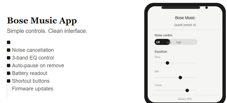 Bose Music app screenshot showing EQ and noise cancellation settings