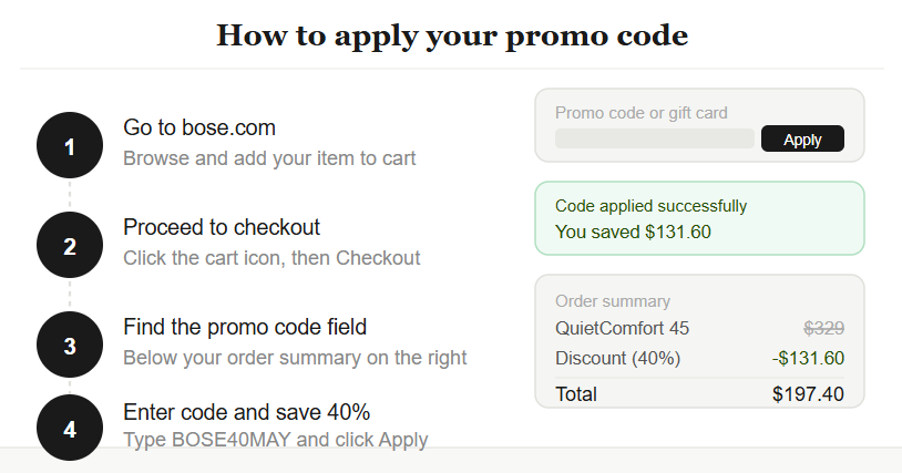 Step by step guide to applying Bose promo code at checkout