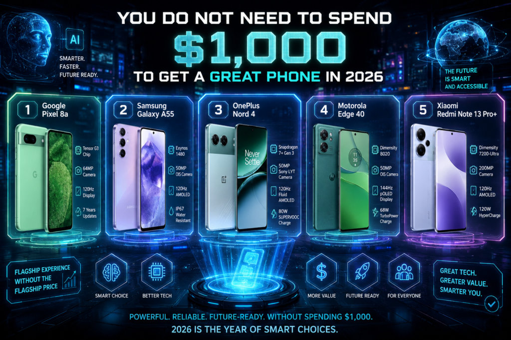 ou Do Not Need to Spend $1,000 to Get a Great Phone in 2026 and contain the ff 1. Google Pixel 8a 2. Samsung Galaxy A55 3. OnePlus Nord 4 4. Motorola Edge 40 5. Xiaomi Redmi Note 13 Pro+