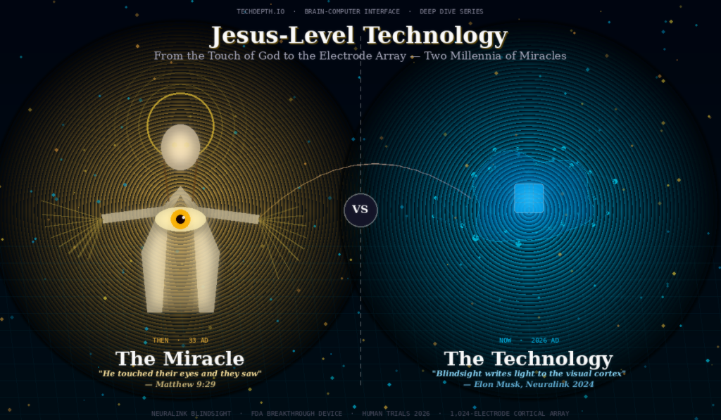 Holographic split-screen comparison of Jesus restoring sight in 33 AD versus Neuralink Blindsight brain implant technology in 2026 — Jesus-level technology illustration
