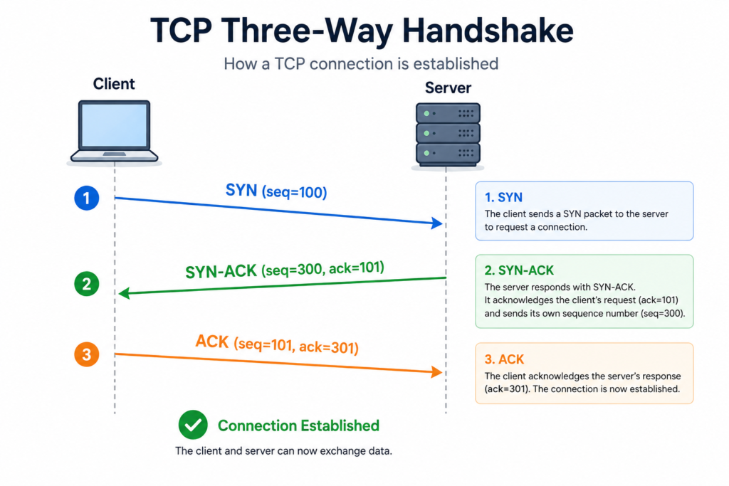 a blog-friendly diagram explaining the TCP three-way handshake for web developers. Show two simple computer/server icons at the top labeled 'Client' and 'Server', positioned horizontally with space between them. Draw three numbered arrows showing the handshake sequence: (1) Blue arrow from Client to Server: 'SYN (seq=100)'. (2) Green arrow from Server to Client: 'SYN-ACK (seq=300, ack=101)'. (3) Orange arrow from Client to Server: 'ACK (seq=101, ack=301)'. Add annotations explaining what each step does. Include a checkmark and 'Connection Established' message below. Style: modern, clean, educational, with soft colors, readable fonts, and professional appearance suitable for a tech blog post. White or light gray background."