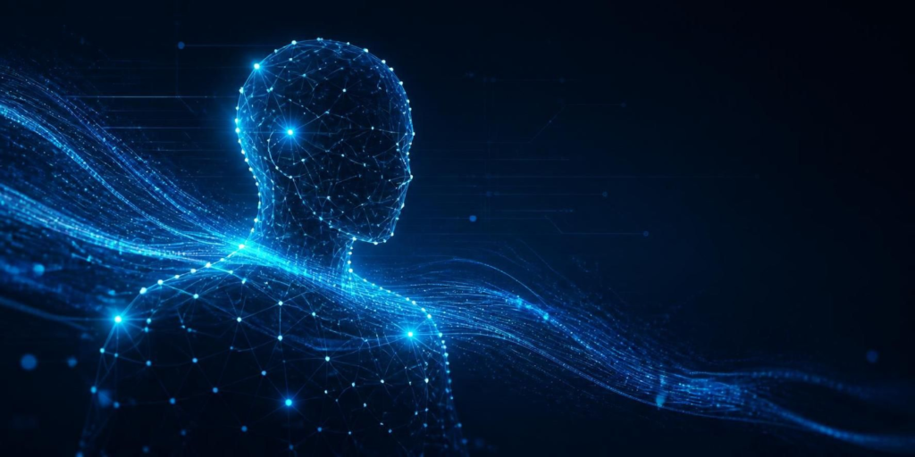 Abstract glowing AI silhouette made of connected digital nodes and neon cyan data streams on a dark blue background, futuristic and minimalist.
